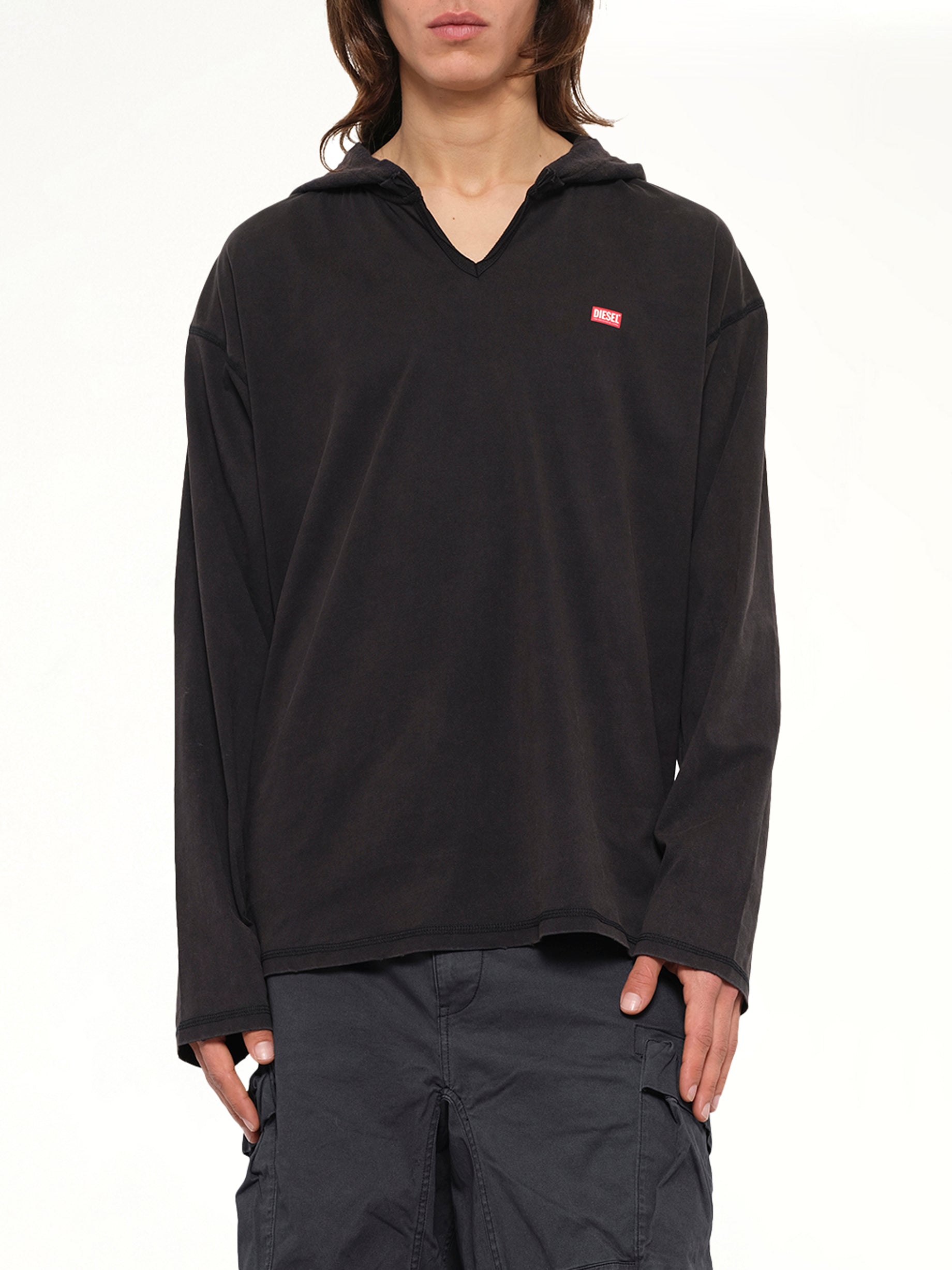 T-BOXT-LS-HOOD-CHECK T-Shirt in Black