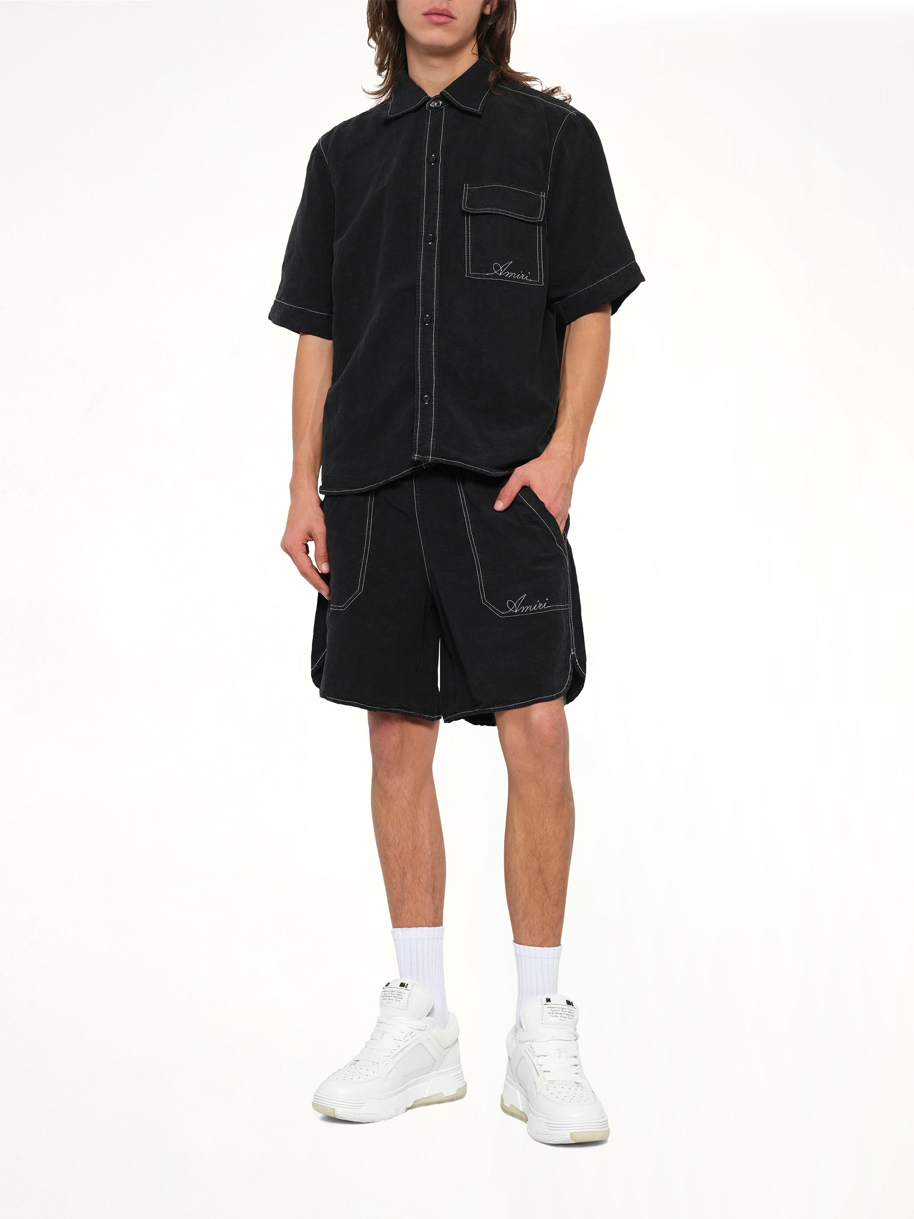 Script Linen Short in Black
