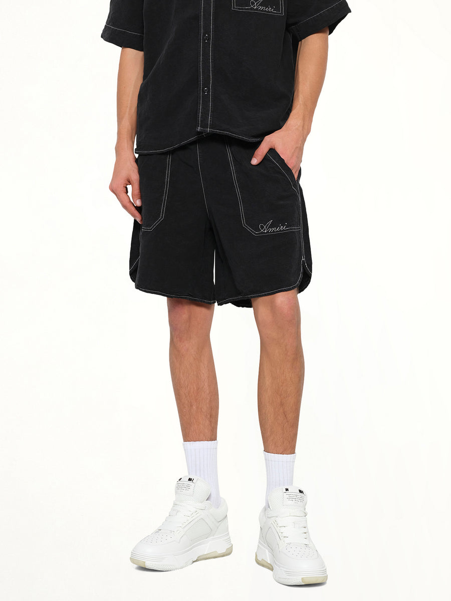 Script Linen Short in Black