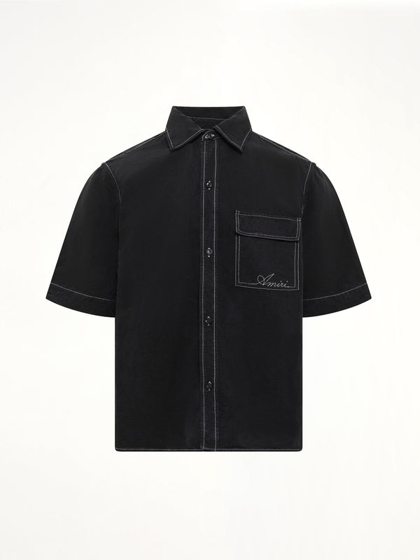Script Linen Pocket Shirt in Black