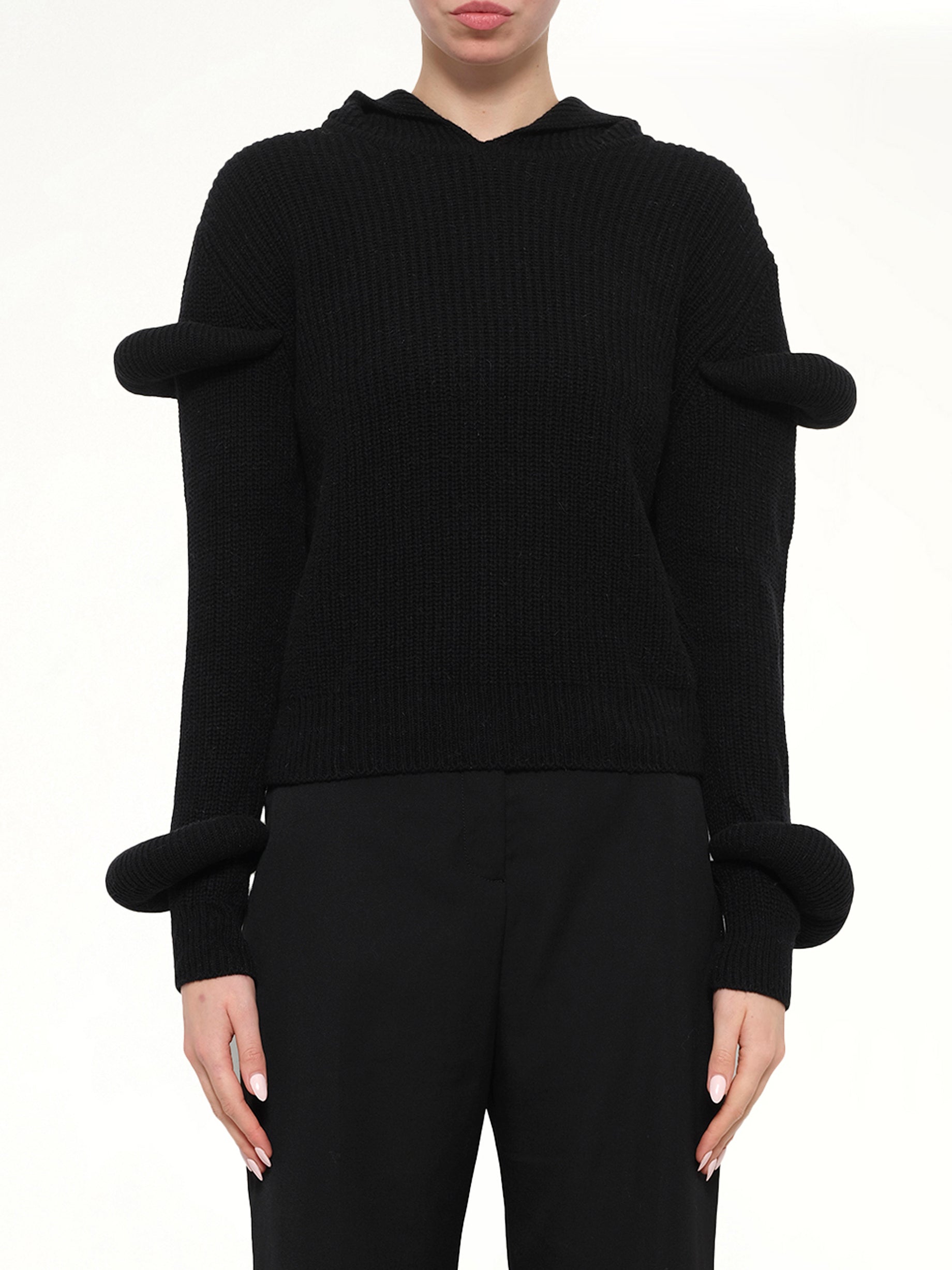 Rib Knit Hoodie in Black