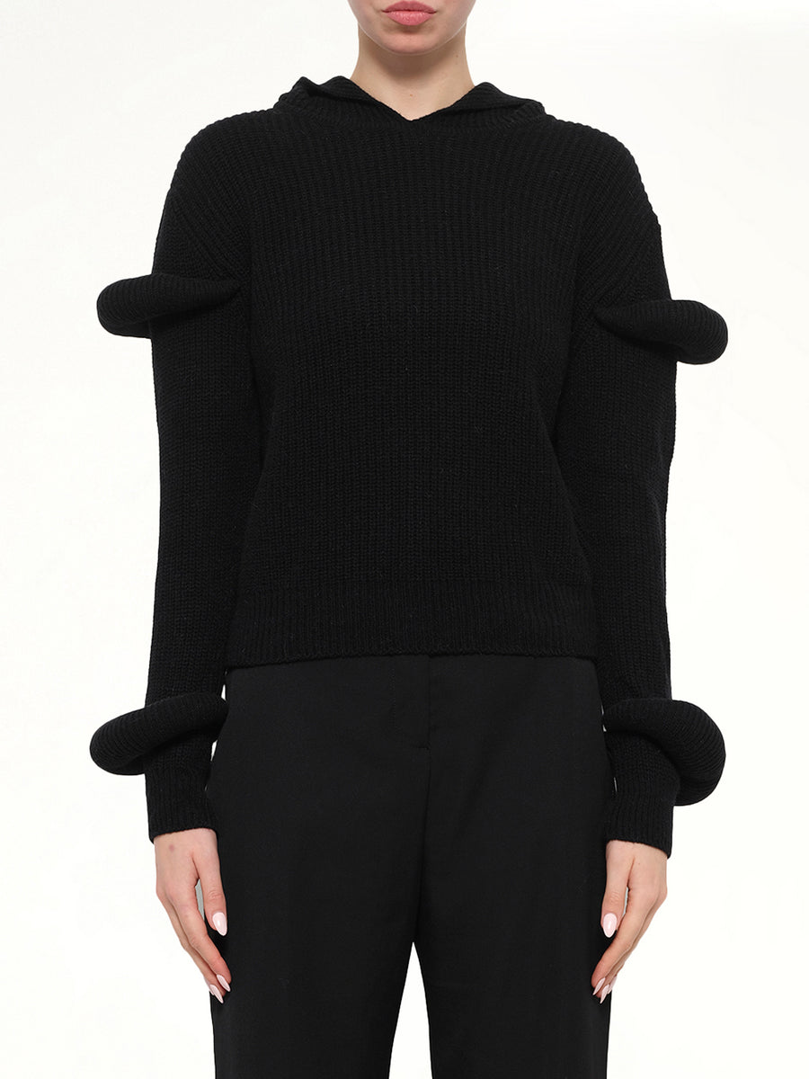 Rib Knit Hoodie in Black