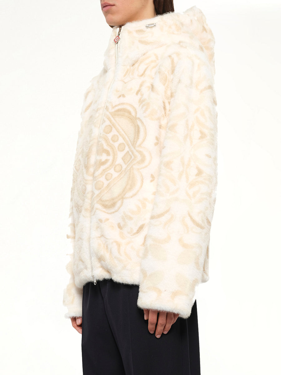 Carpet Print Faux Fur Hoodie in Beige
