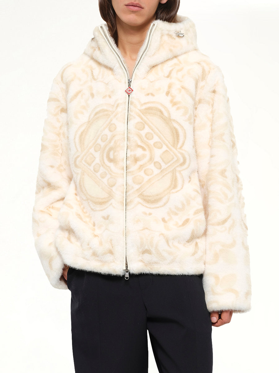 Carpet Print Faux Fur Hoodie in Beige