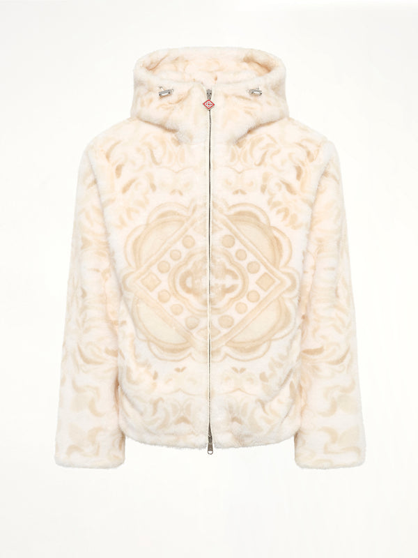 Carpet Print Faux Fur Hoodie in Beige