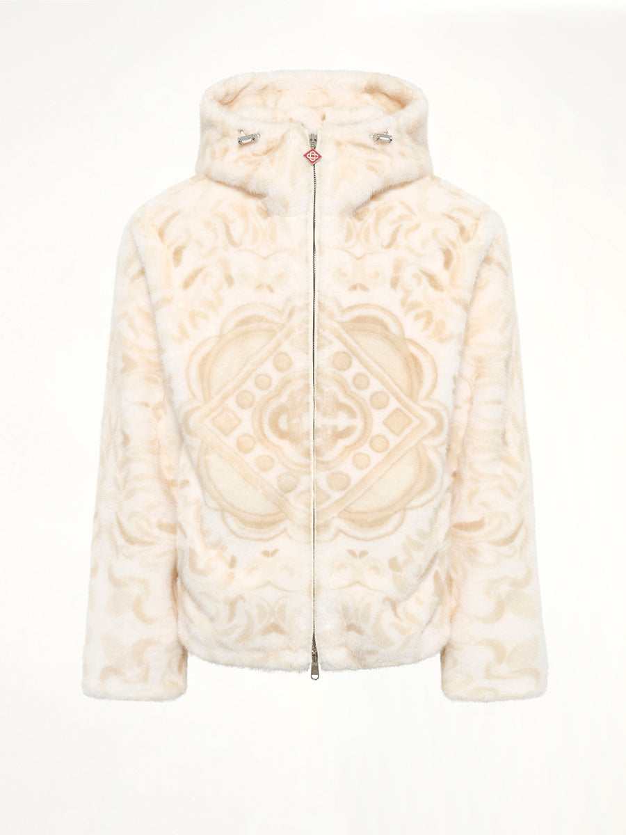 Carpet Print Faux Fur Hoodie in Beige