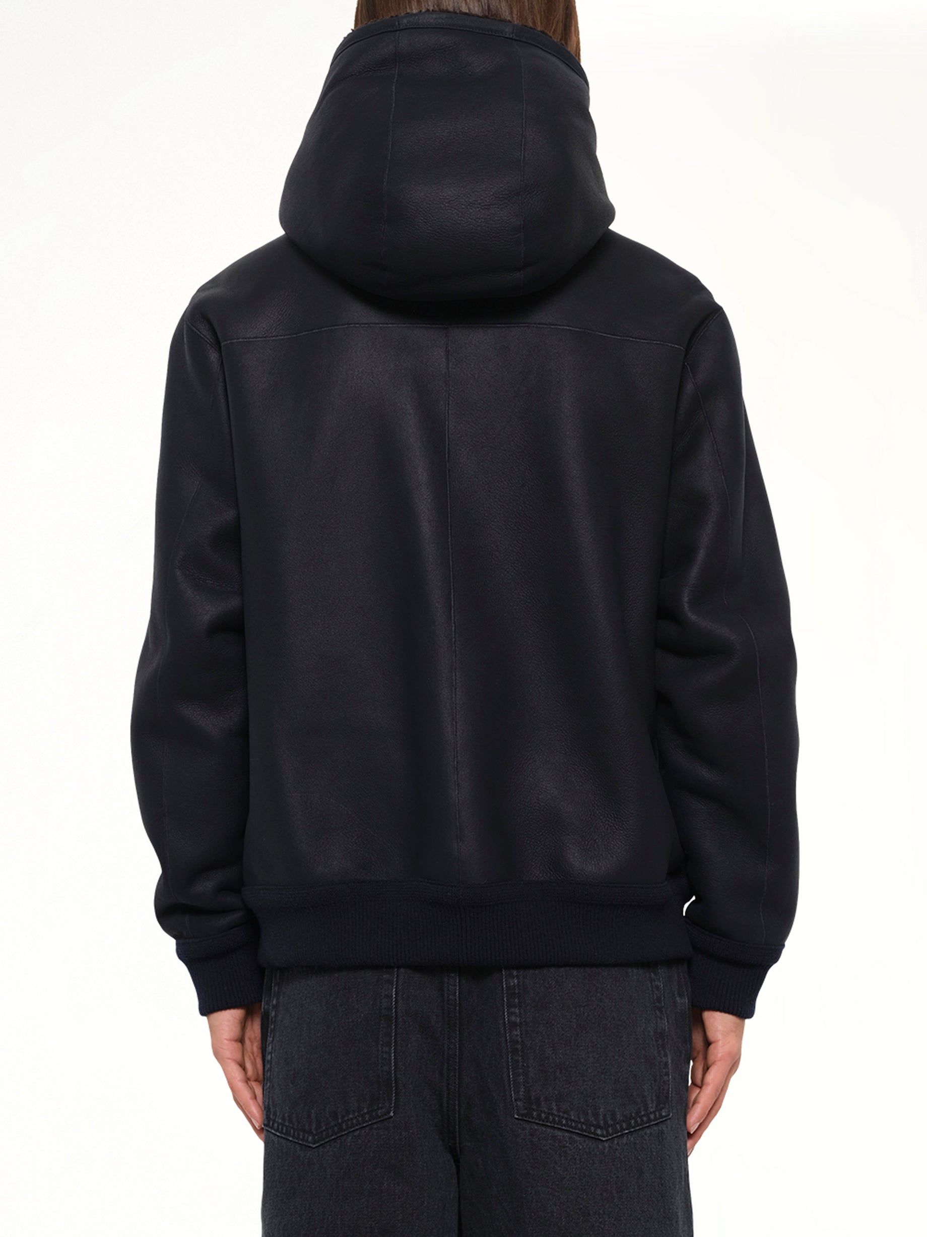 Hooded Shearling Reversible Jacket in Navy/Brown