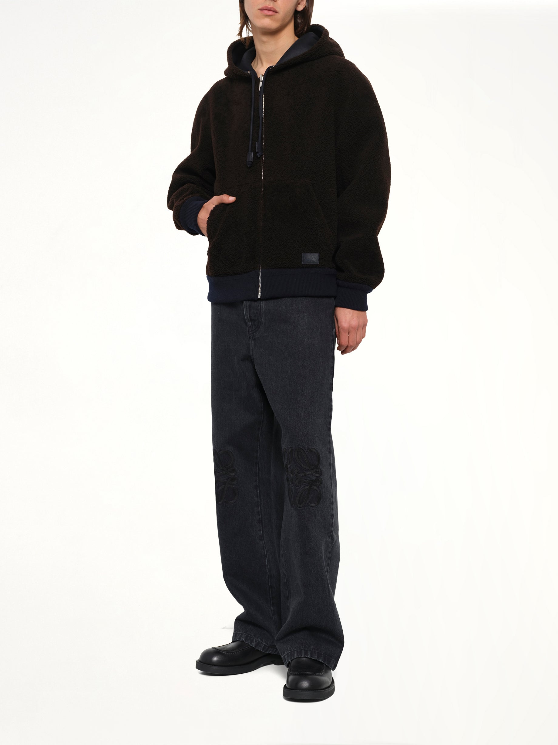 Hooded Shearling Reversible Jacket in Navy/Brown
