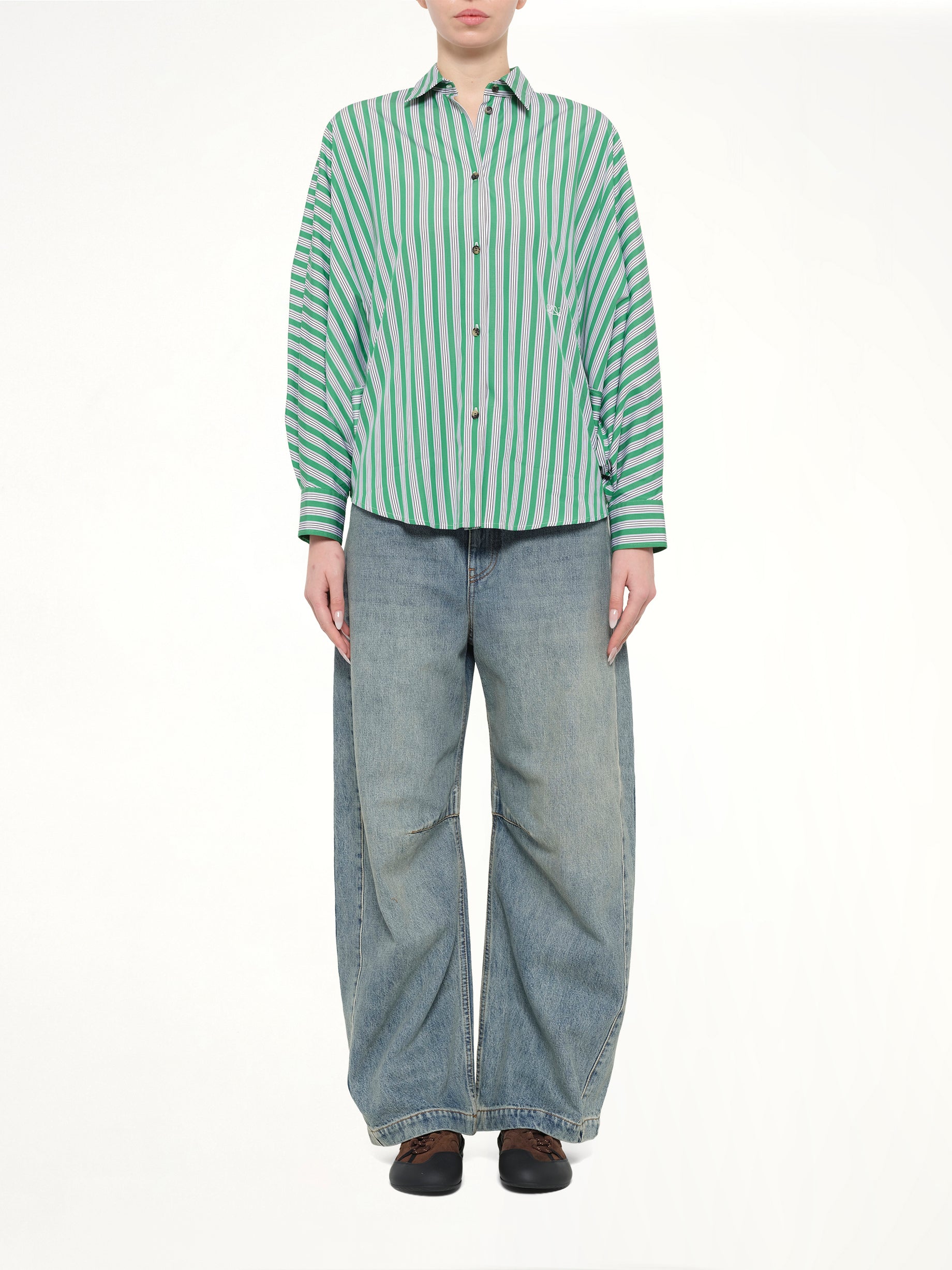Striped Cotton Poplin Shirt in Green/White