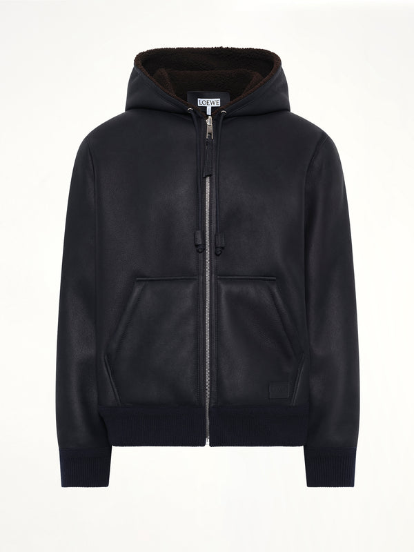 Hooded Shearling Reversible Jacket in Navy/Brown