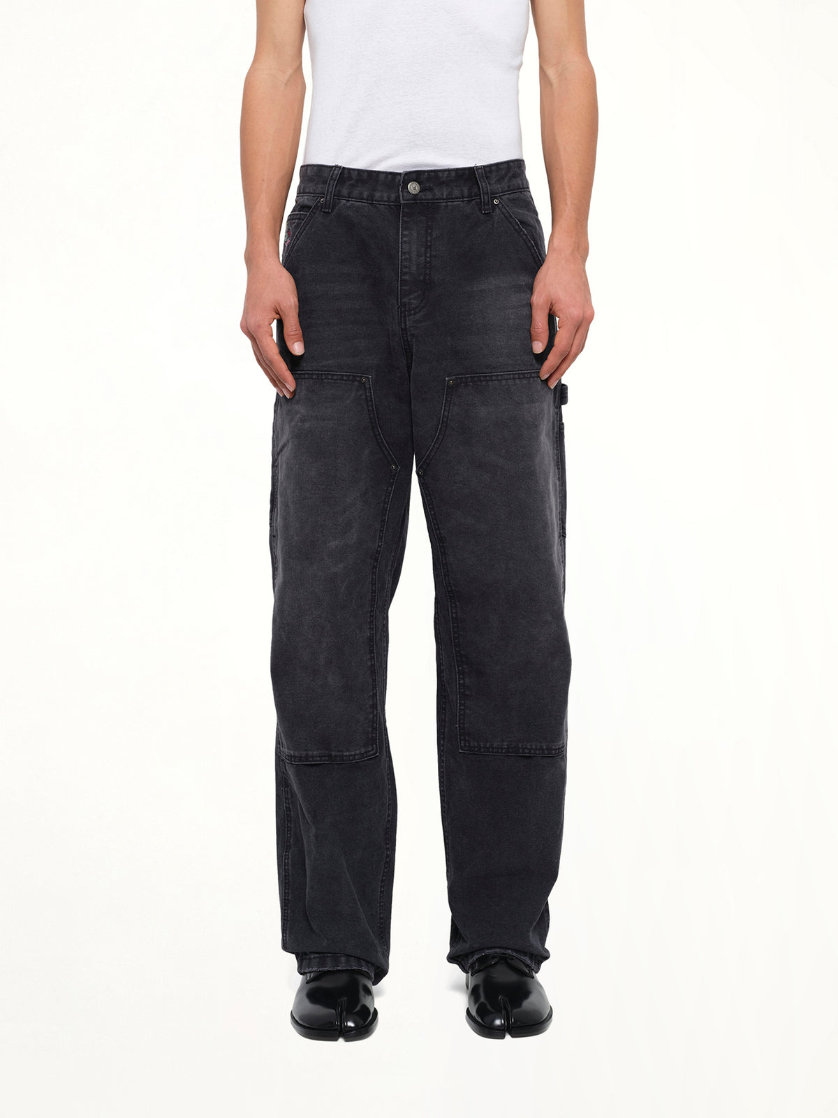 Eye Badge Washed Double Knee Pants in Black