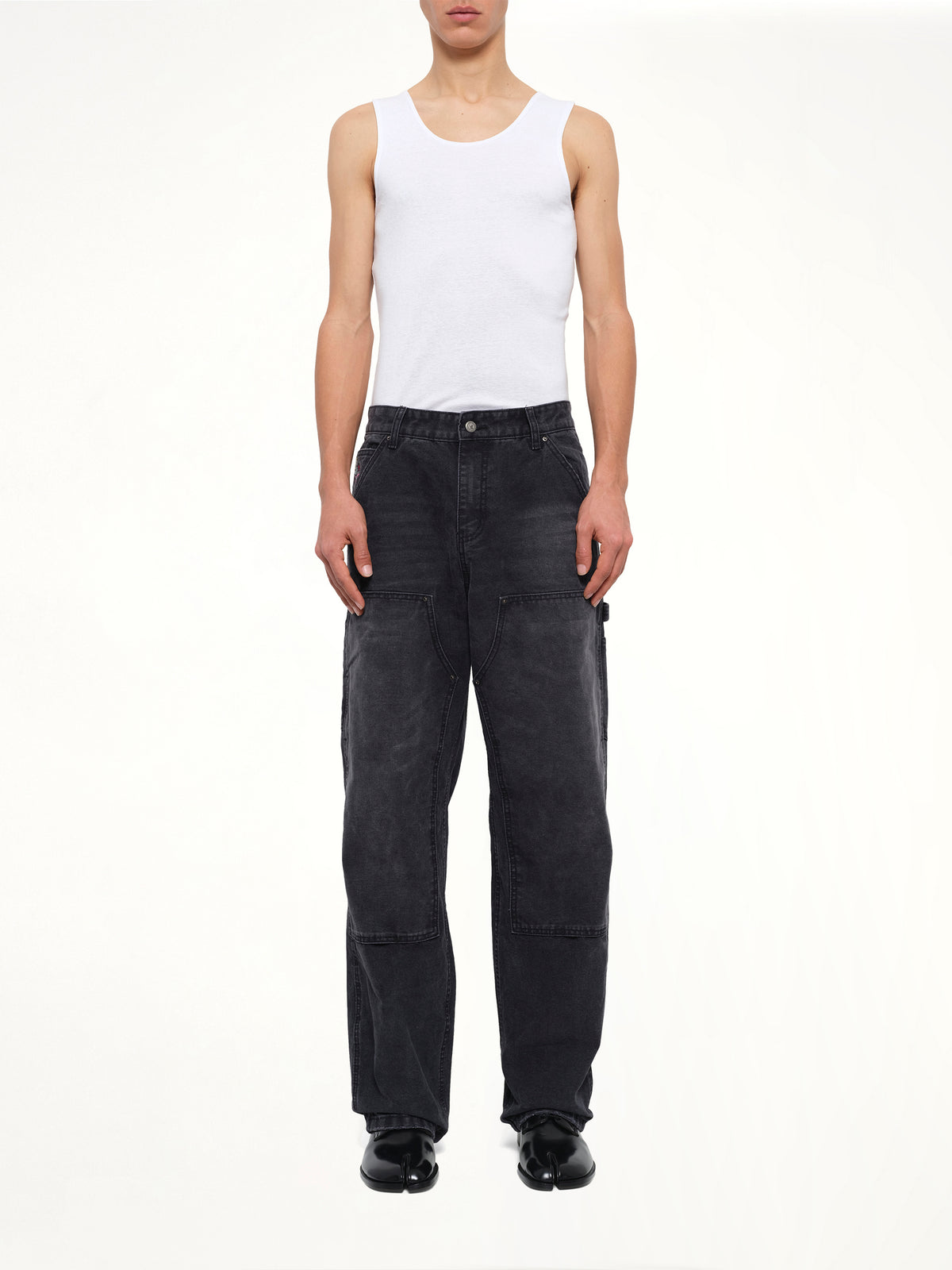 Eye Badge Washed Double Knee Pants in Black