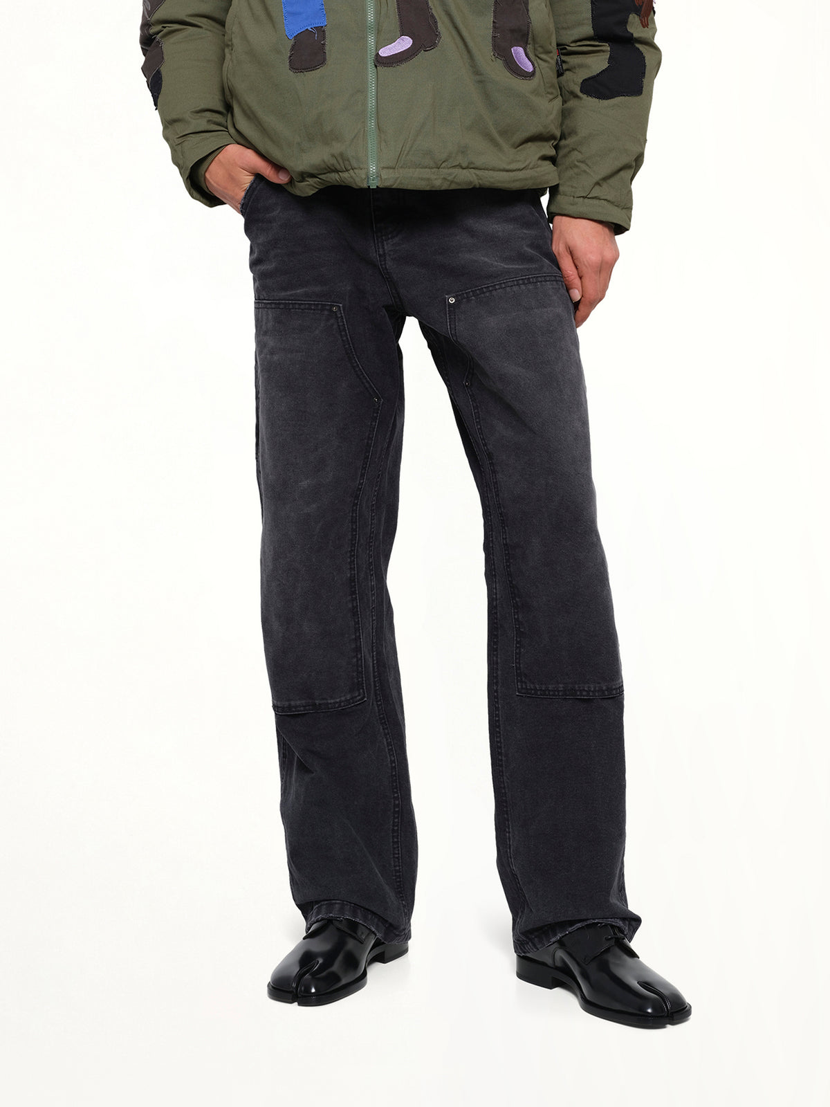 Eye Badge Washed Double Knee Pants in Black