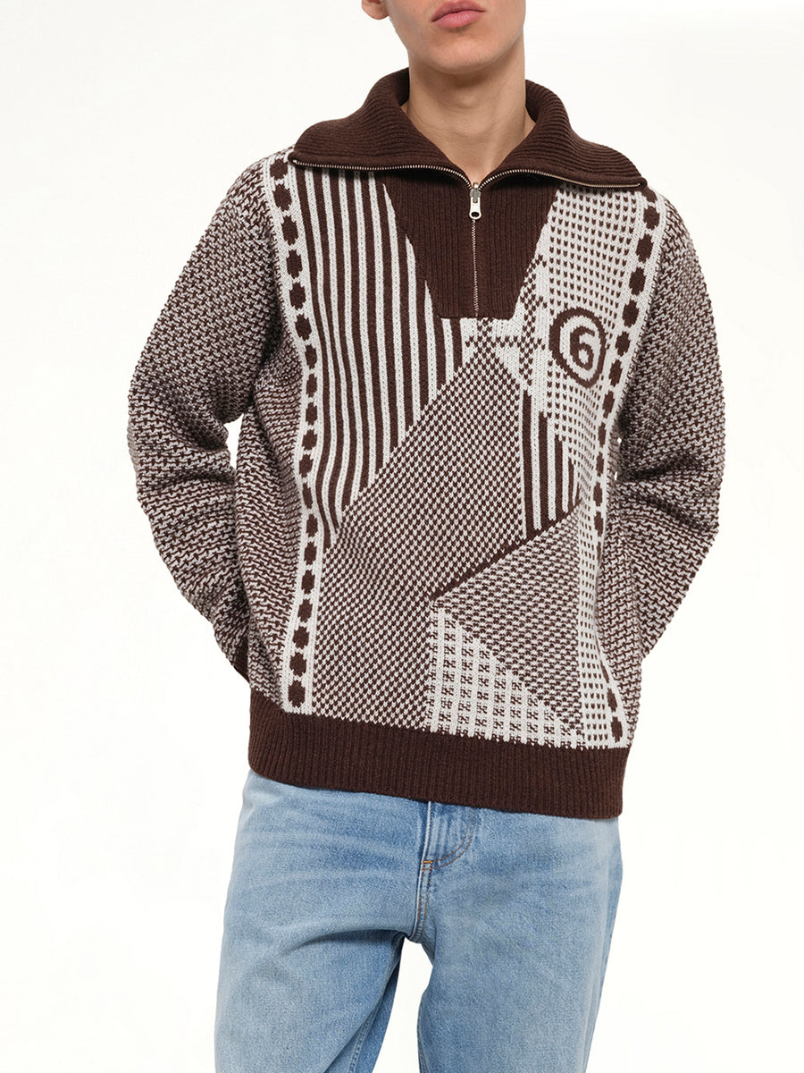 Jacquard Knit Polo in Brown/Off White