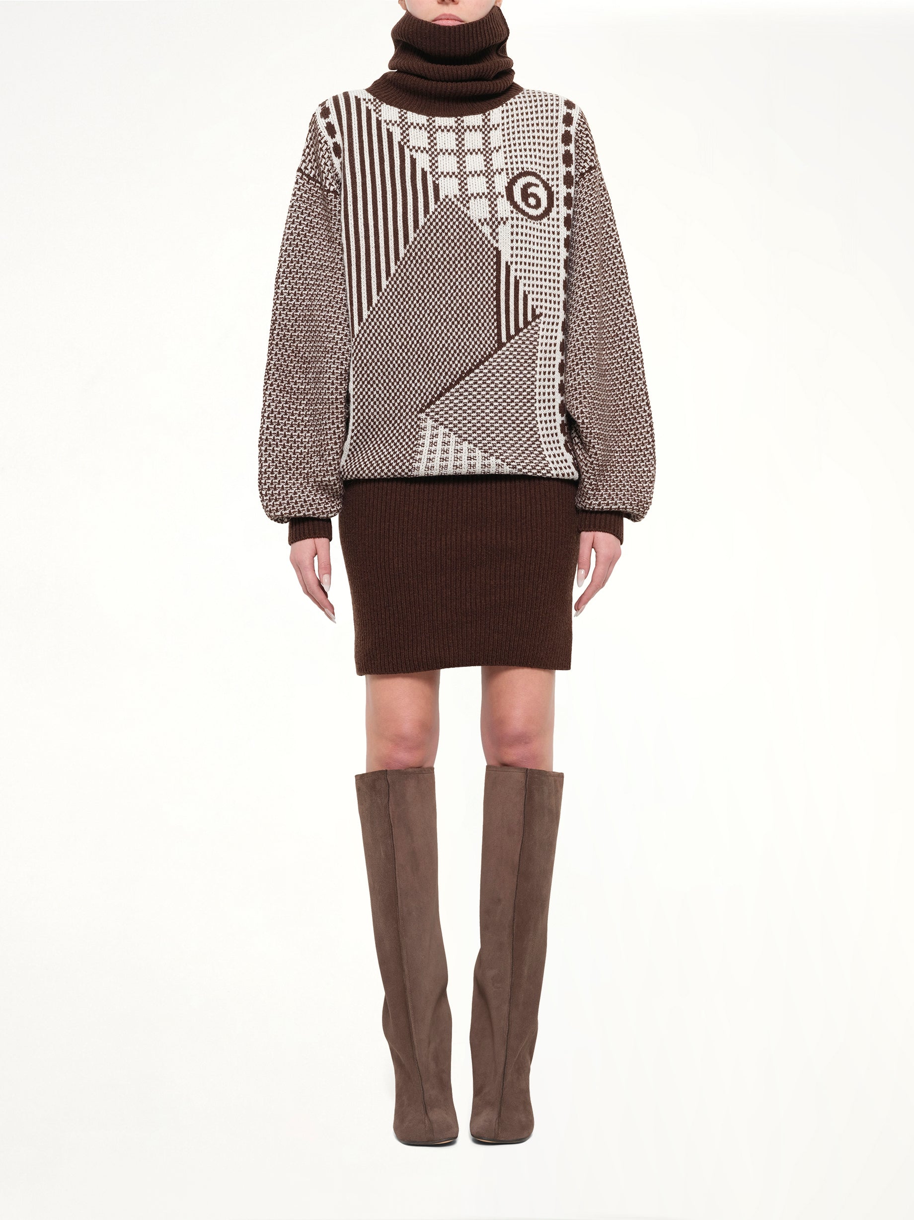 Knitted Mini Dress in Brown/Off White