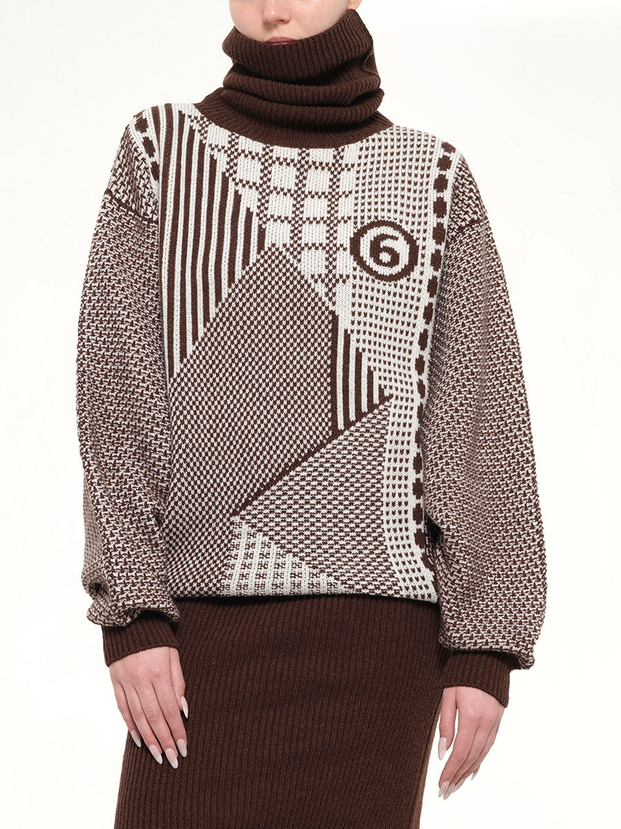 Knitted Mini Dress in Brown/Off White