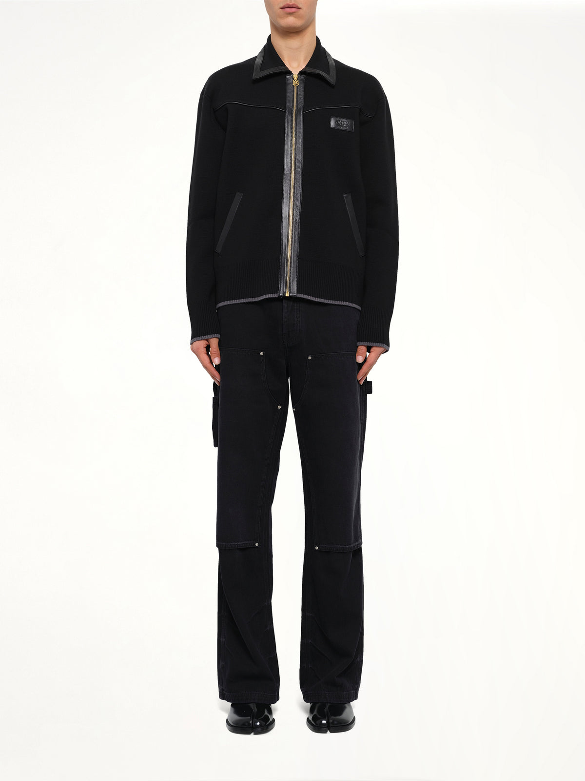 Leather Trim Zipped Blouson in Black