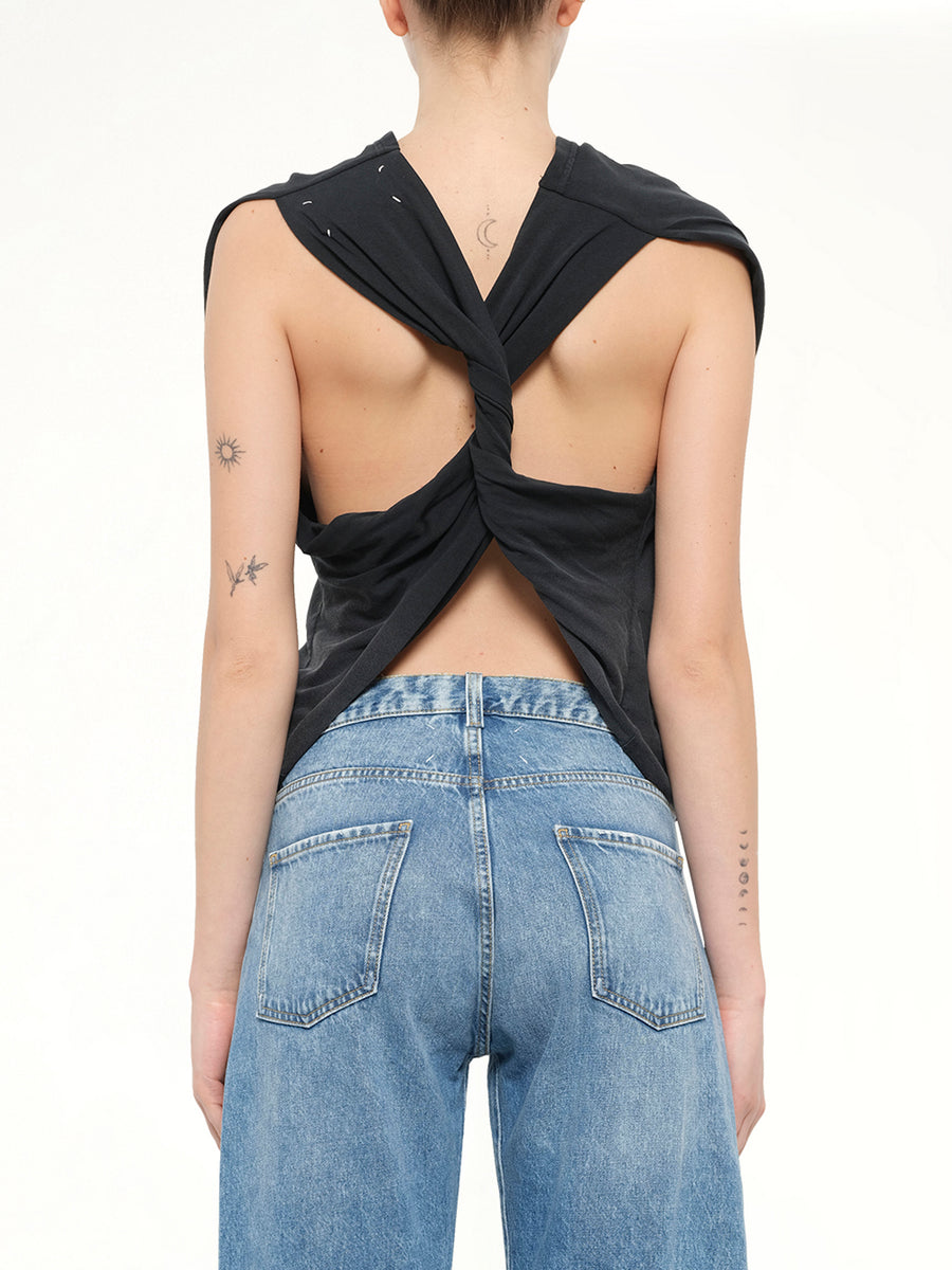 Patch Twisted Jersey Top in Washed Black