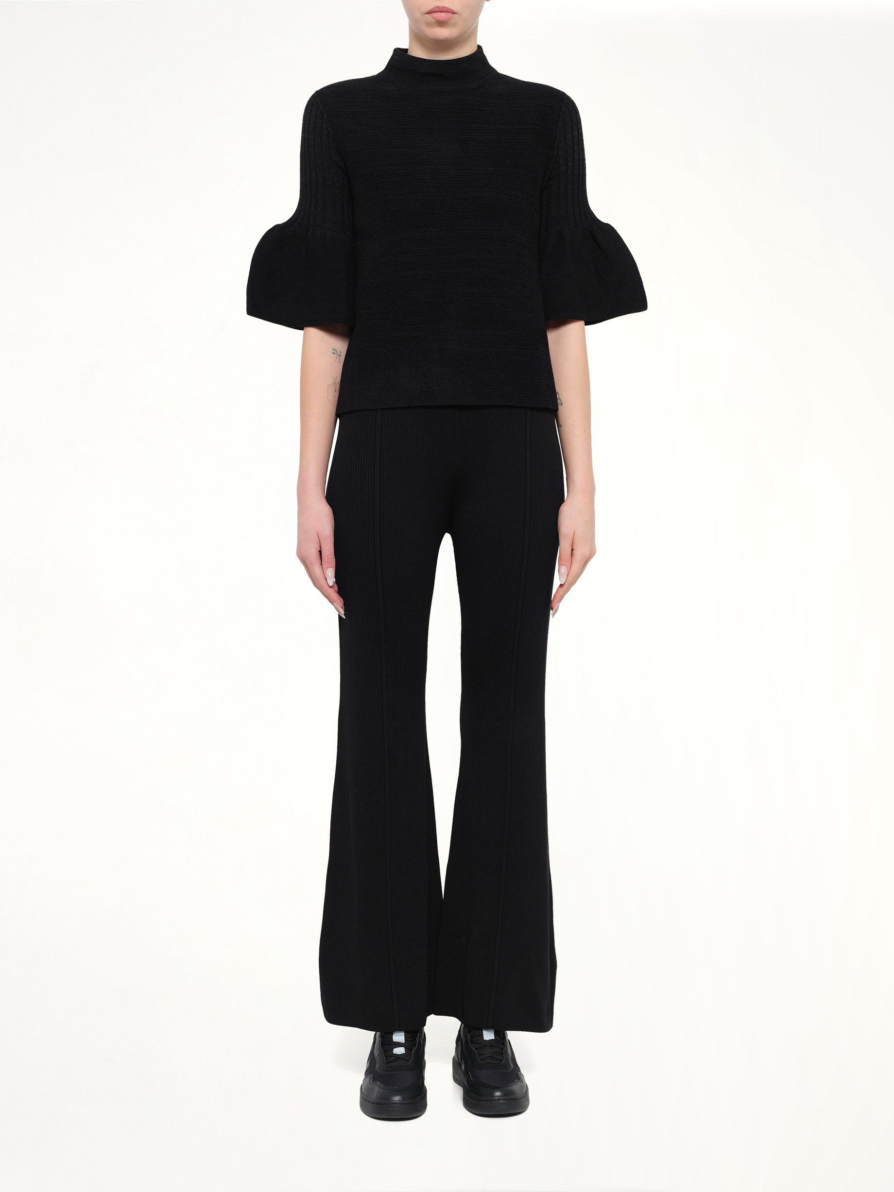 Pottery Velvet Bell Sleeve Flare Top in Black