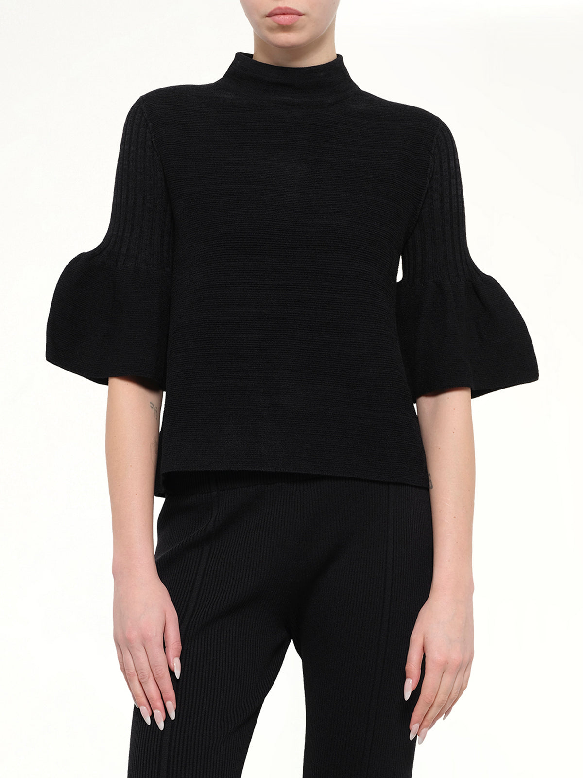 Pottery Velvet Bell Sleeve Flare Top in Black