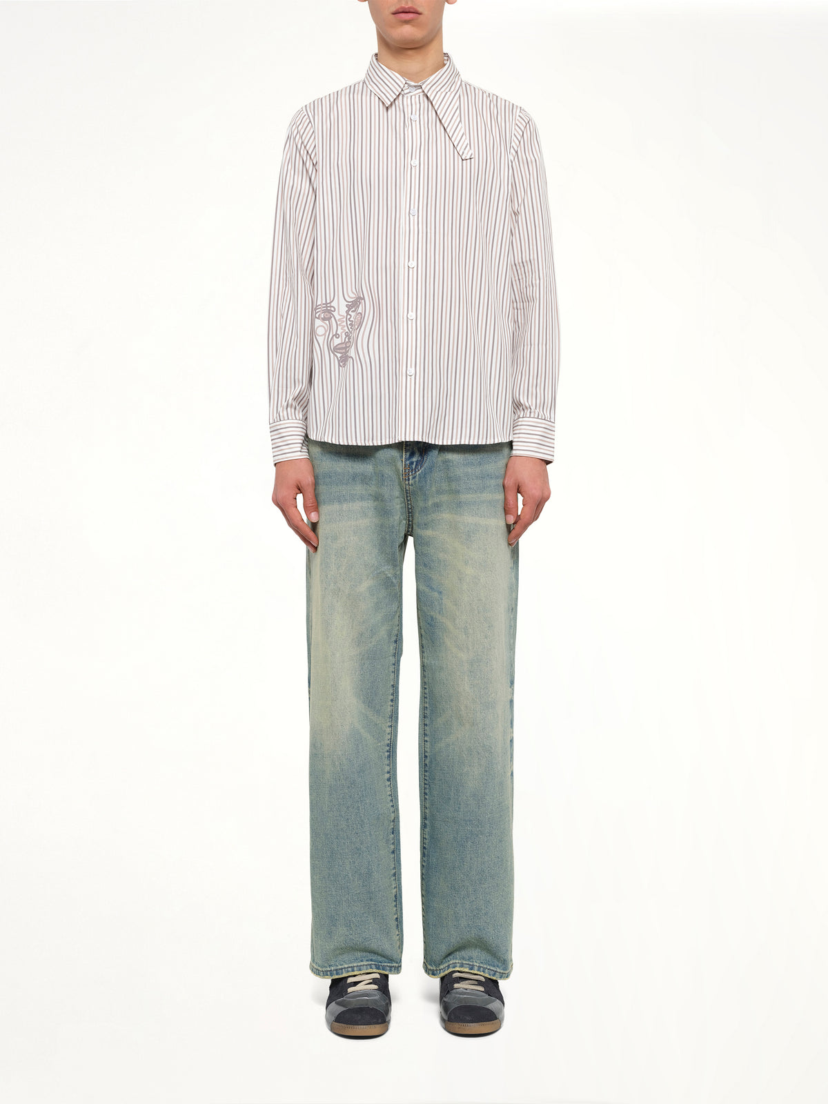 Striped Face Button Up Shirt in White