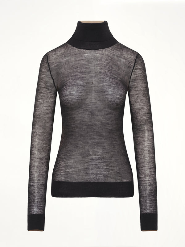 Sheer Cotton Turtleneck in Black/Camel
