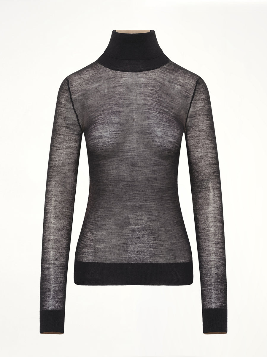 Sheer Cotton Turtleneck in Black/Camel