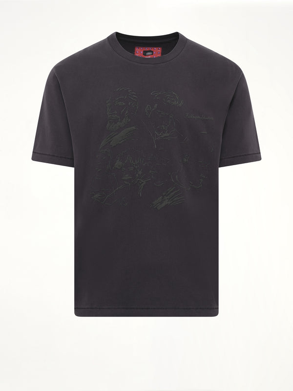 Sketched Faces T-Shirt in Washed Black