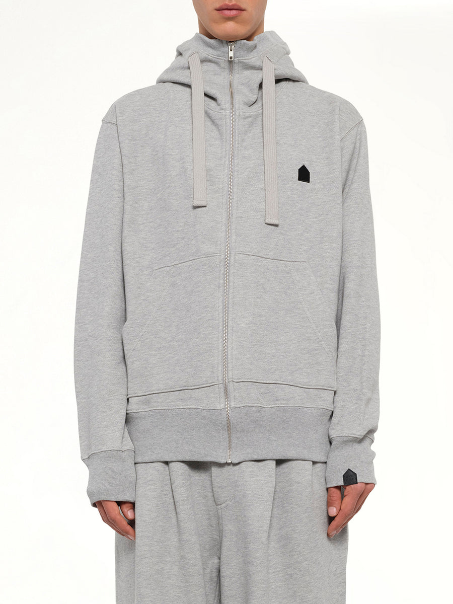 Hut Embroidery Zipped Knit Hoodie in Grey
