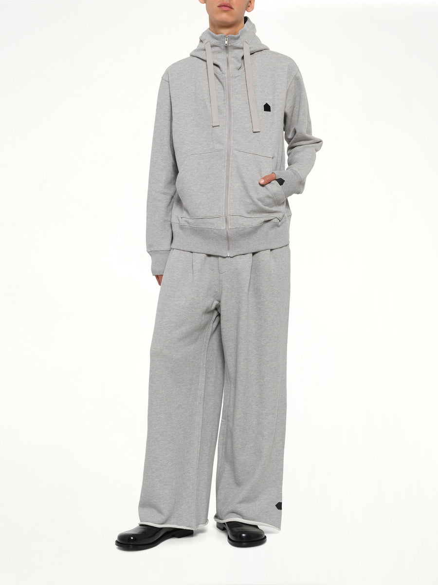 Hut Embroidery Zipped Knit Hoodie in Grey