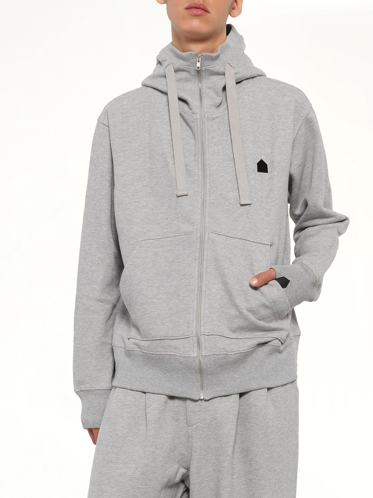 Hut Embroidery Zipped Knit Hoodie in Grey
