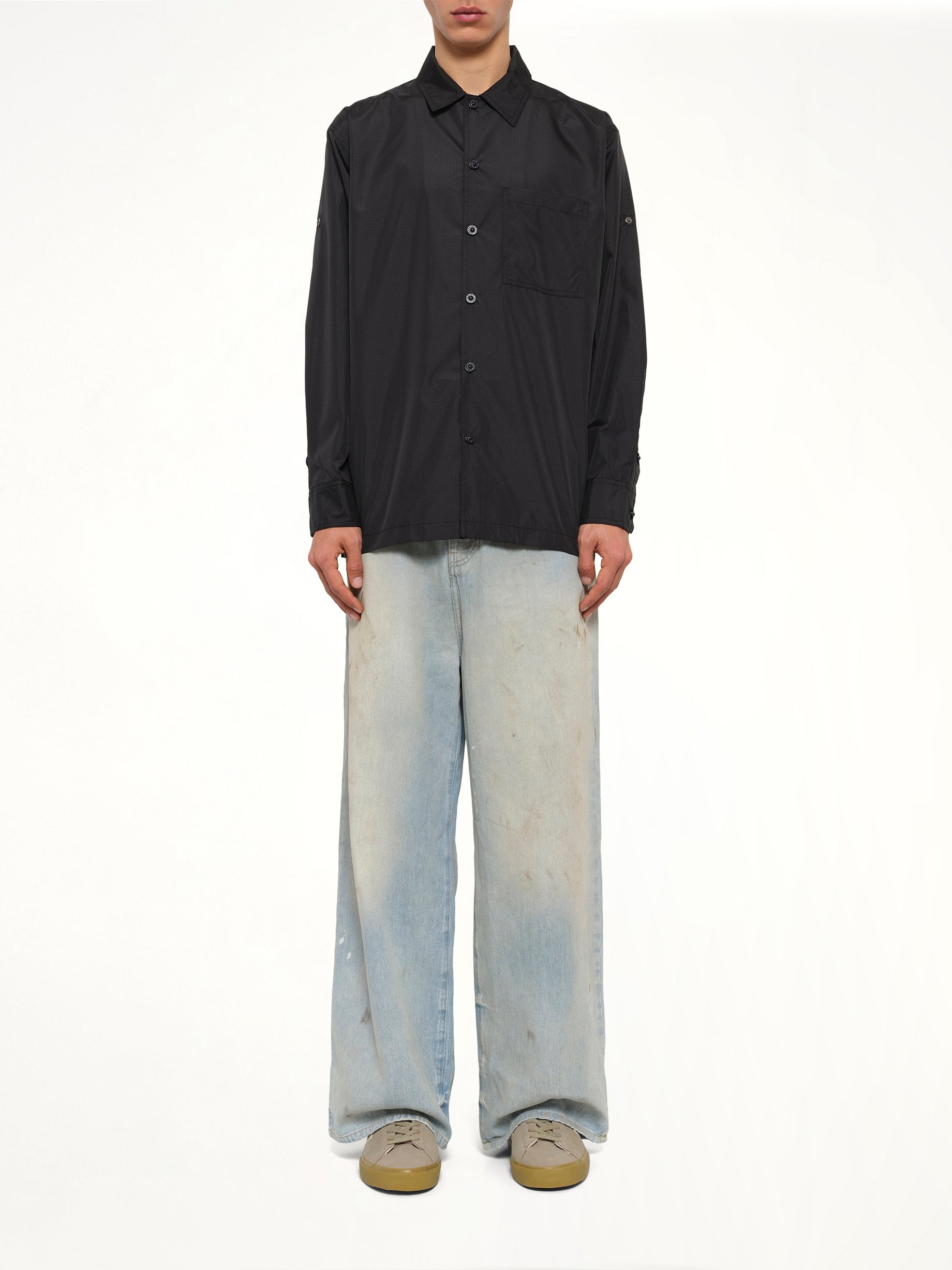 Non Down Military Button Slit Shirt in Black