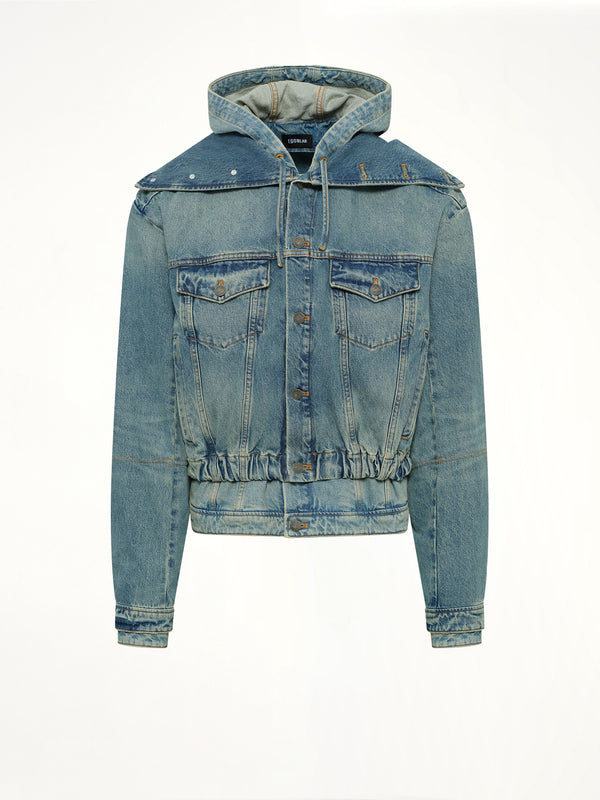 Hooded Denim Bomber in Blue