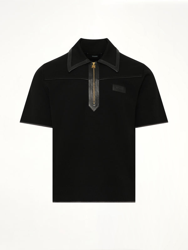 Leather Trim Knit Zipped Polo in Black