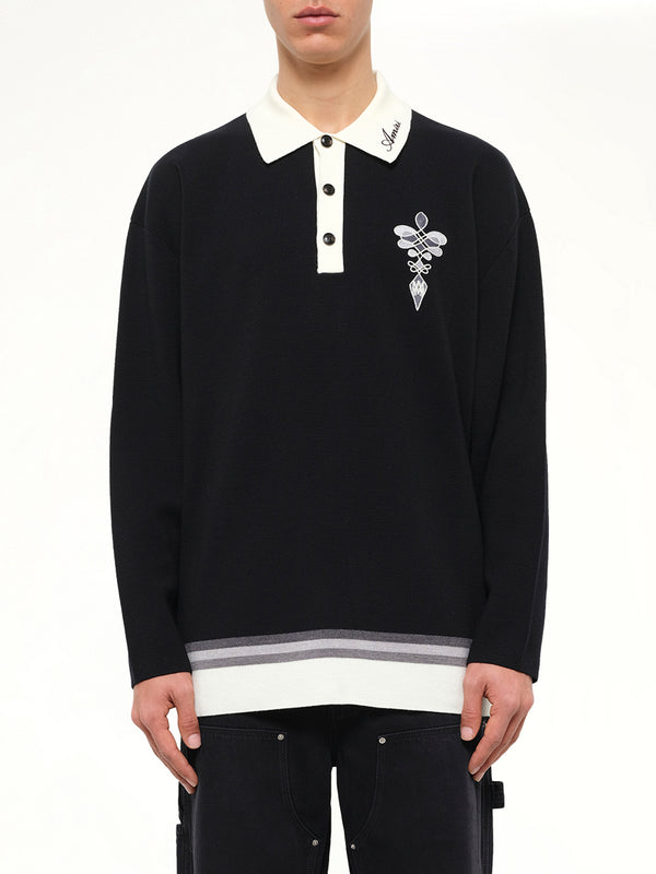 Amiri Lasso Knit Oversized LS Polo in Black
