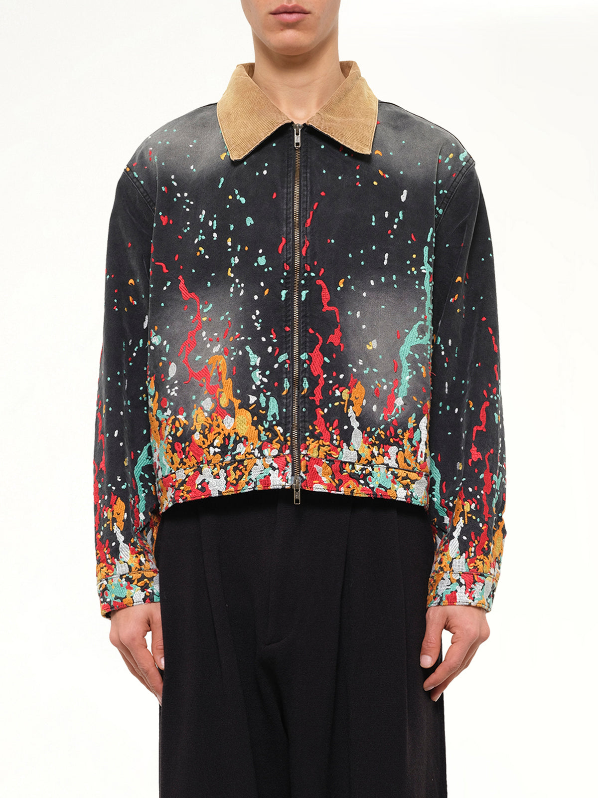 Embroidered Paint Workwear Jacket in Washed Black