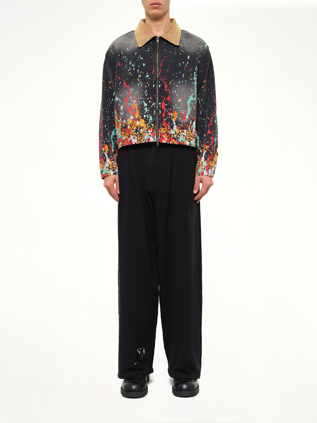 Embroidered Paint Workwear Jacket in Washed Black
