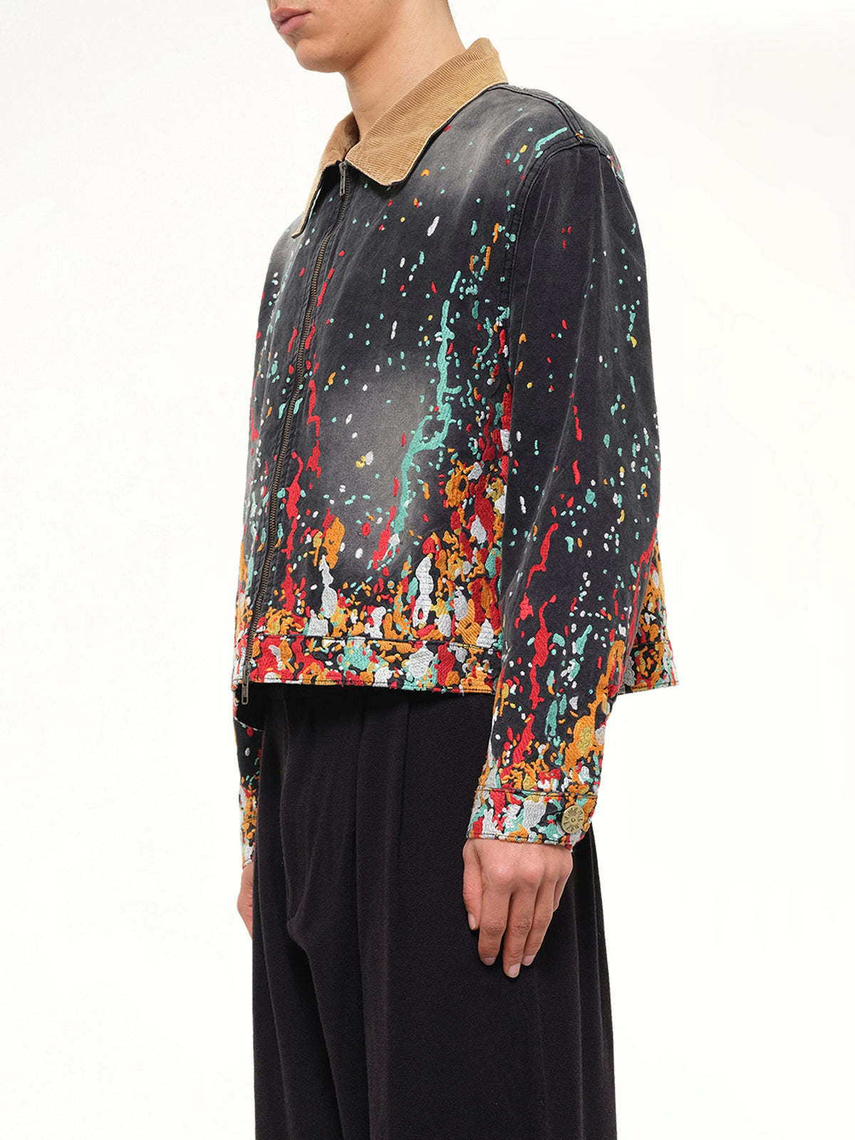 Embroidered Paint Workwear Jacket in Washed Black