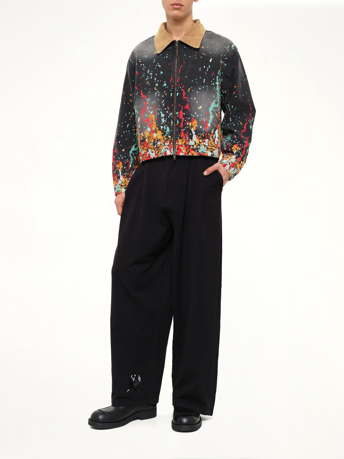 Embroidered Paint Workwear Jacket in Washed Black