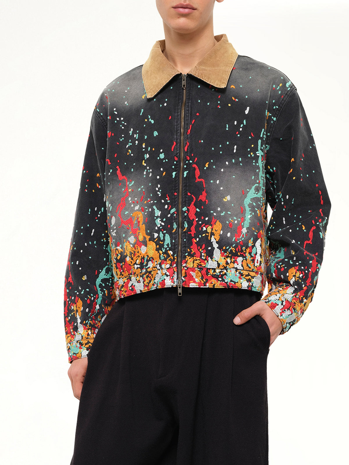 Embroidered Paint Workwear Jacket in Washed Black
