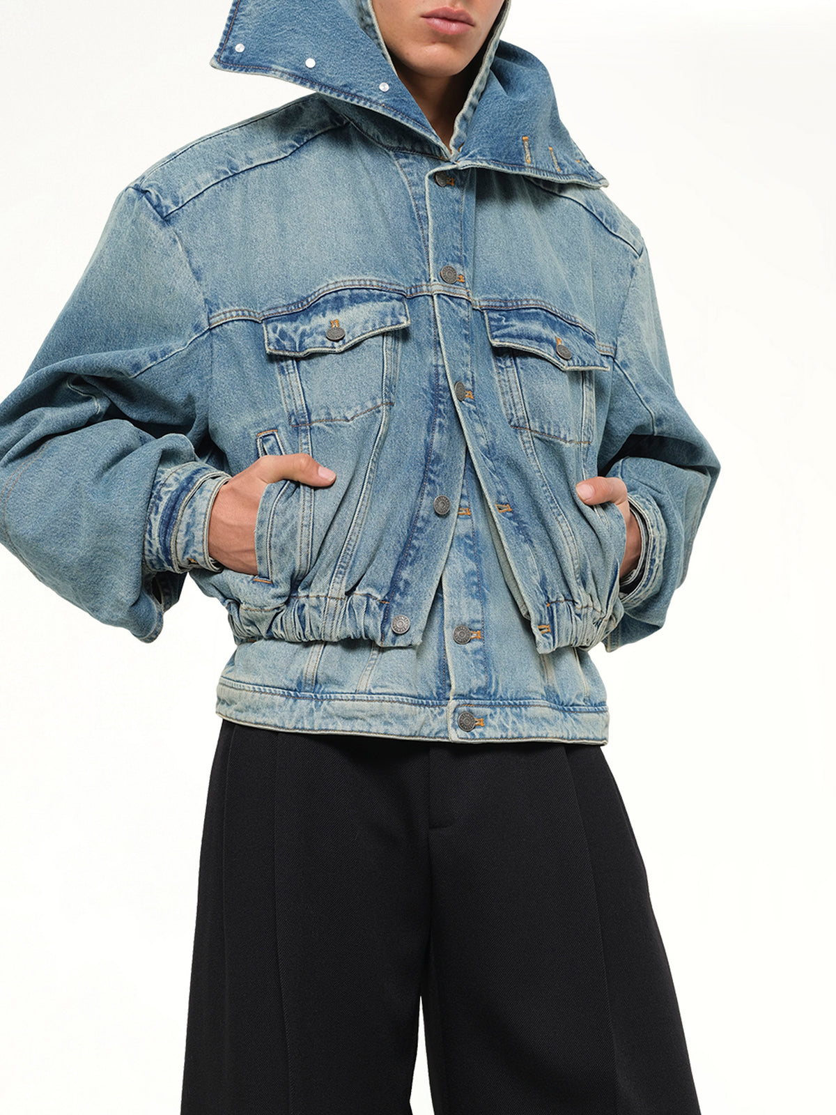 Hooded Denim Bomber in Blue