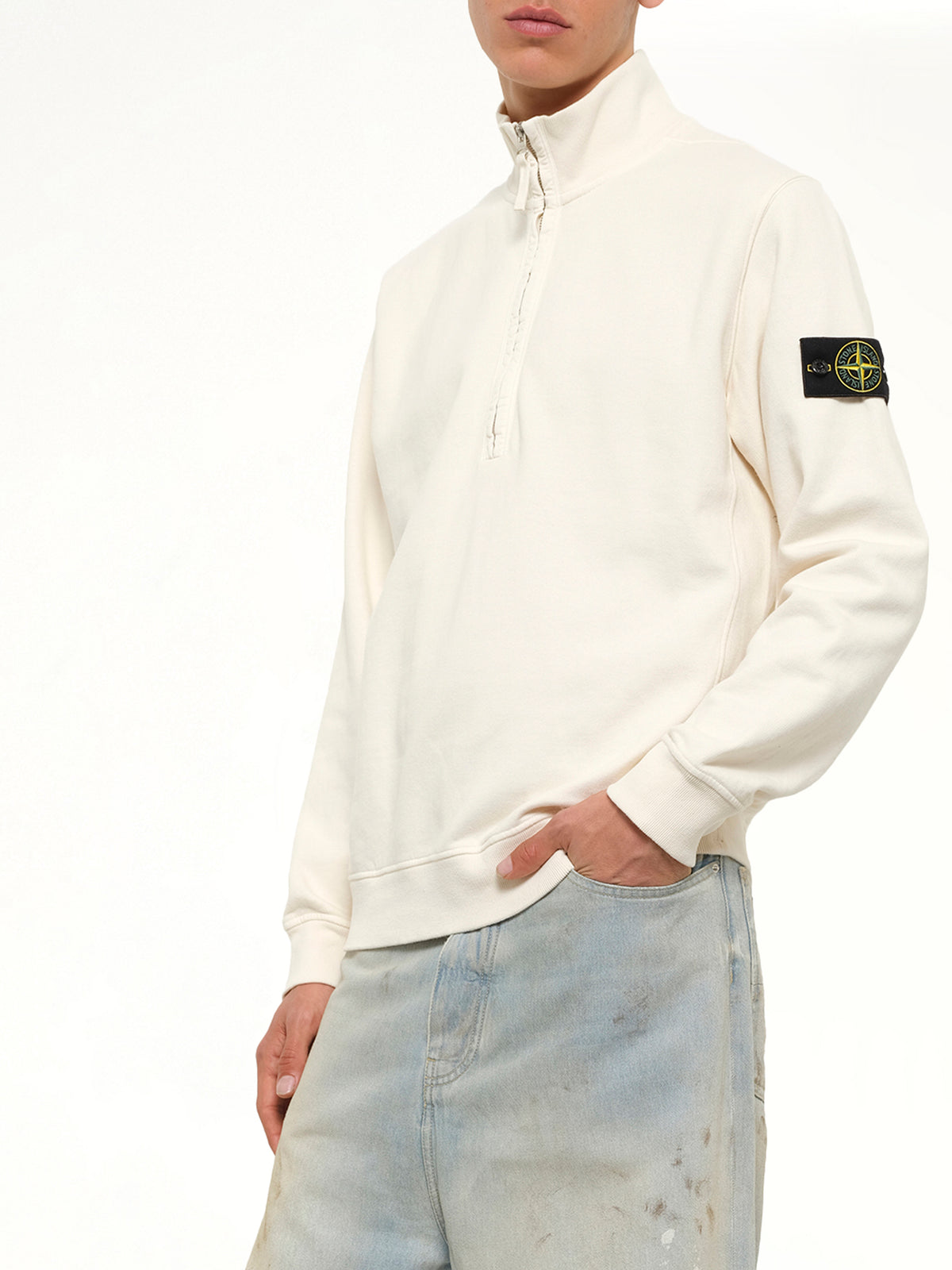 6100068 Brushed Cotton Quarter Zip Sweatshirt in Ivory