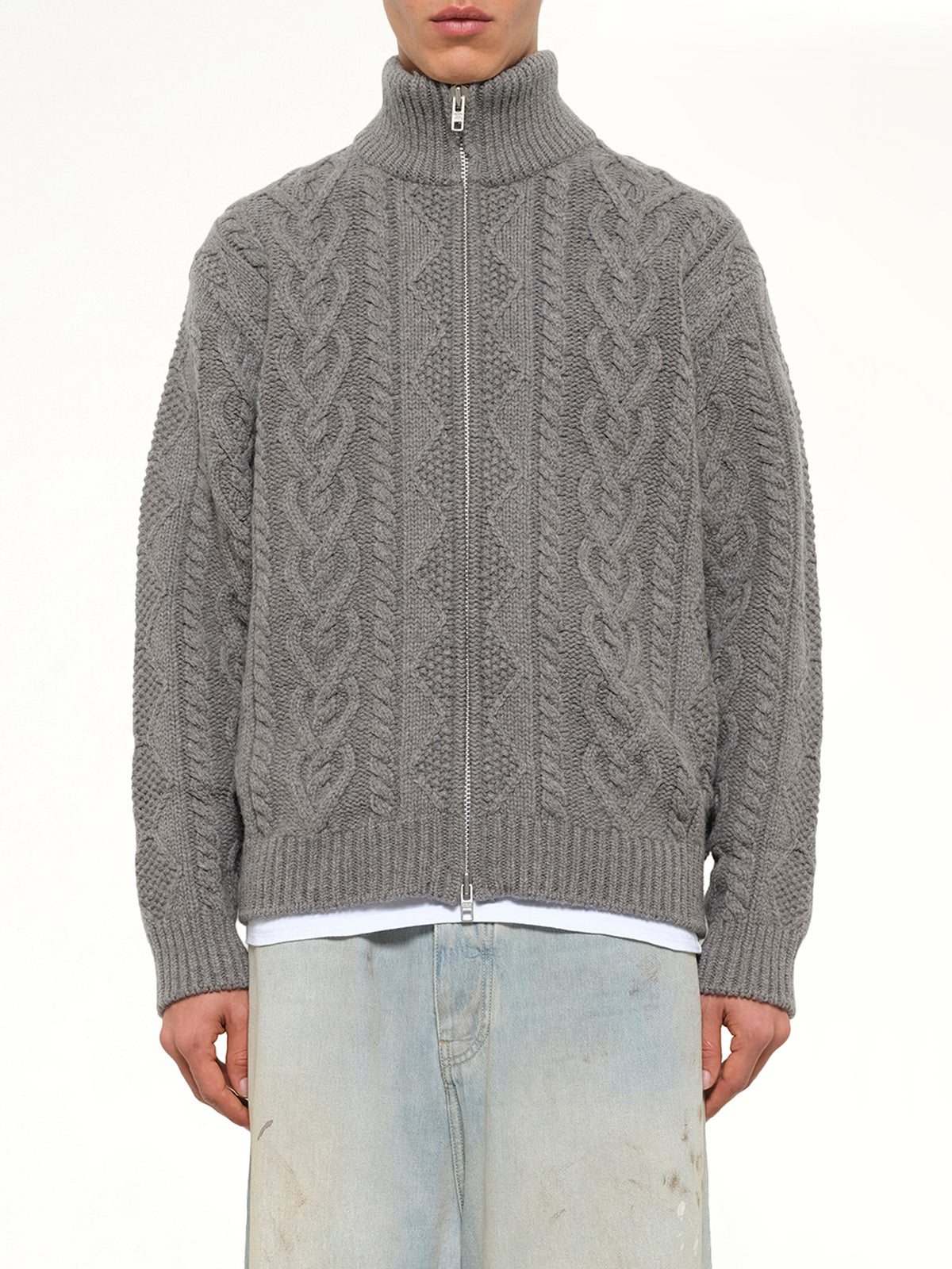 Cable Knit Zip Up in Grey Heather