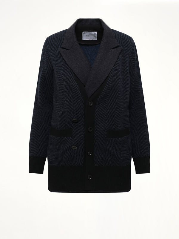 Double-Faced Herringbone x Wool Knit Cardigan in Navy