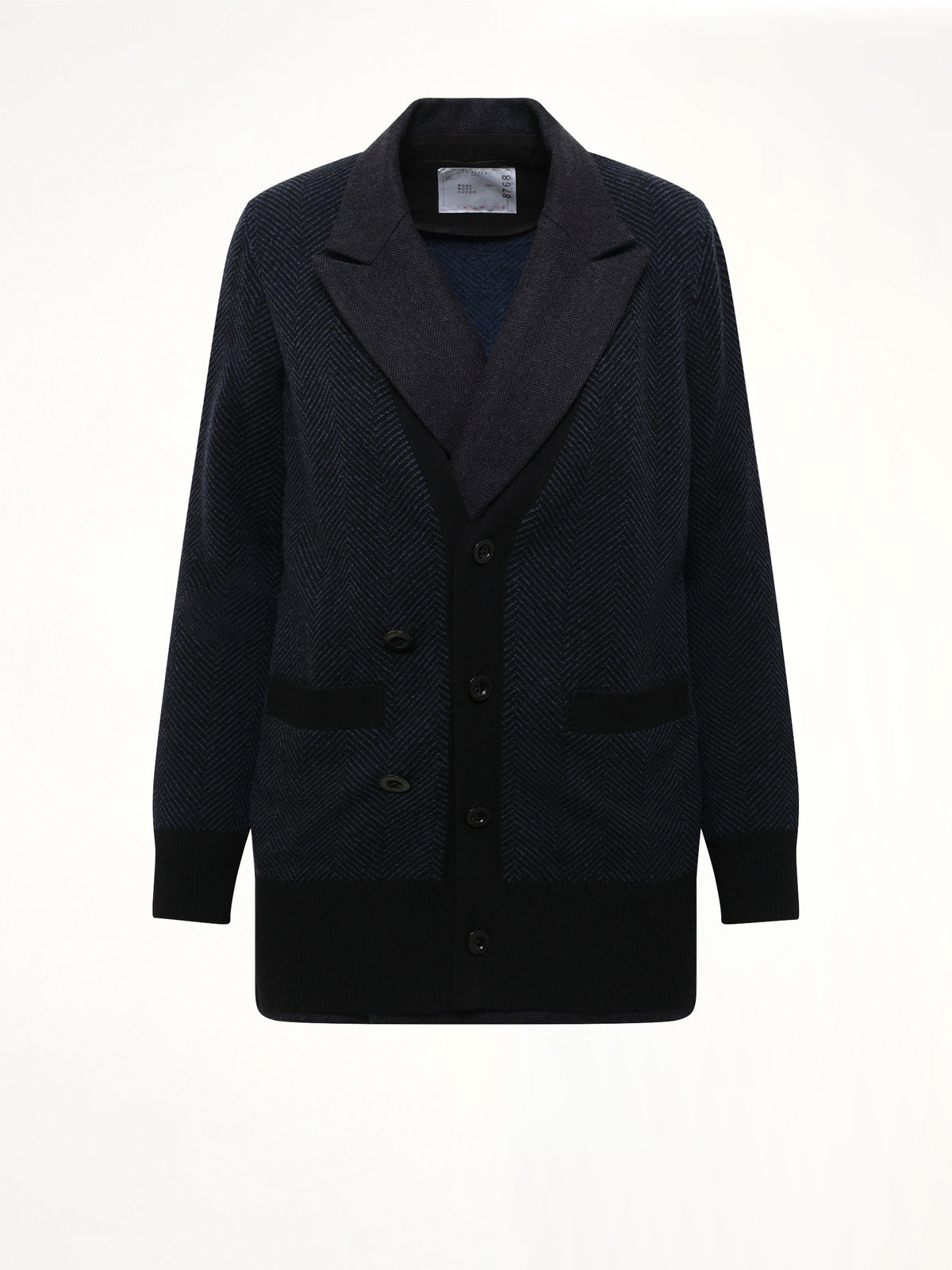 Double-Faced Herringbone x Wool Knit Cardigan in Navy
