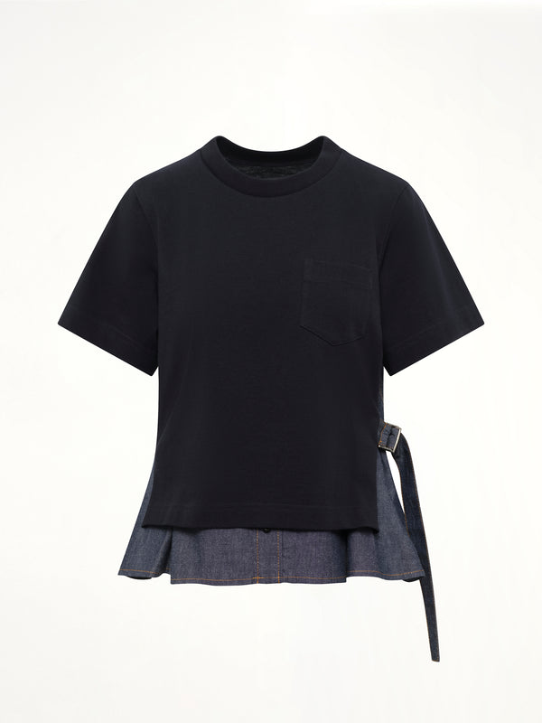 Light Weight Denim x Cotton Jersey T-Shirt in Navy/Blue
