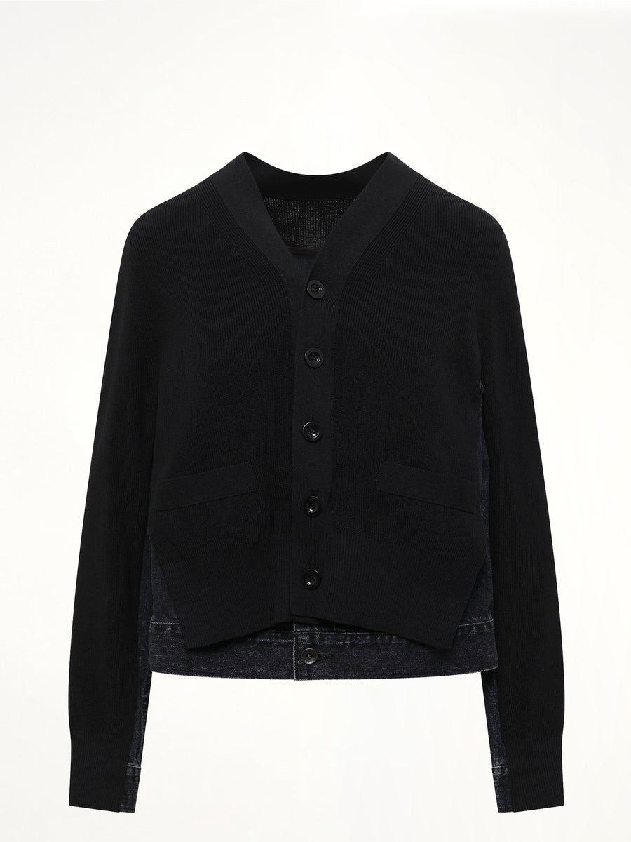 Long Sleeve Denim x Knit Cardigan in Black