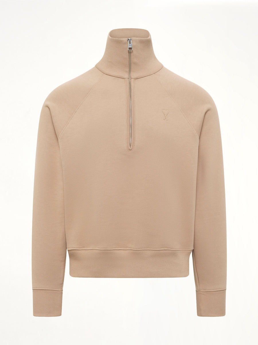 Embossed Ami De Coeur Zipped Sweatshirt in Beige