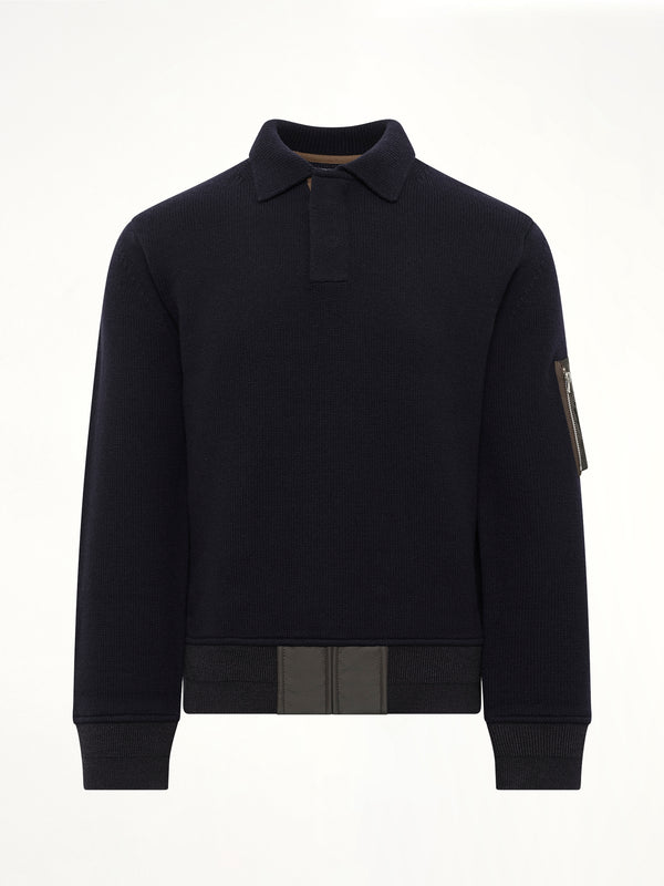 Wool Knit Polo Shirt in Navy/Dark Khaki