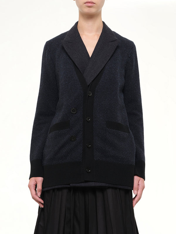 Double-Faced Herringbone x Wool Knit Cardigan in Navy